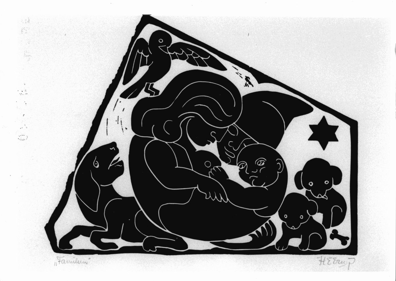 Madre con bambino; cagna con cuccioli; uccello (stampa) di Heerup Henry (sec. XX)