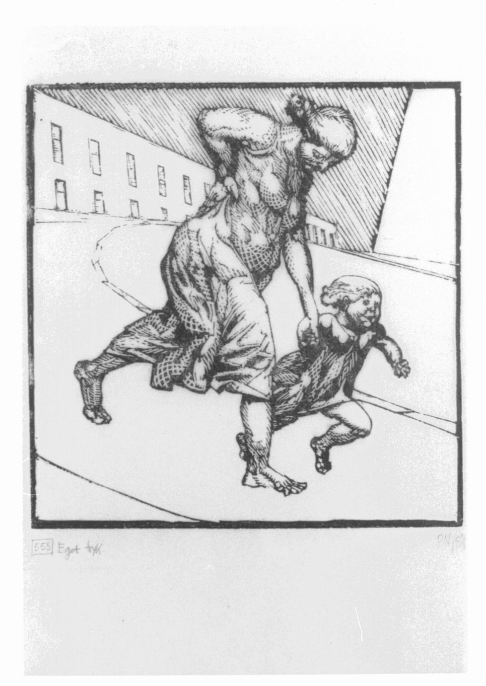 Opus 555, Figura femminile con bambino in strada (stampa) di Nielsen Palle (sec. XX)