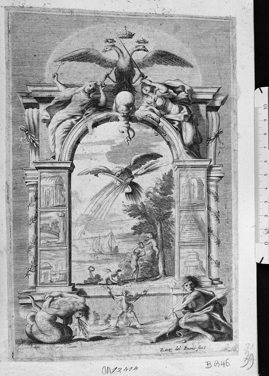 Arco trionfale con Virtù cristiane trionfanti sul paganesimo, trionfo delle Virtù sui Vizi (stampa tagliata) di Del Buono Giorgio (sec. XVII)