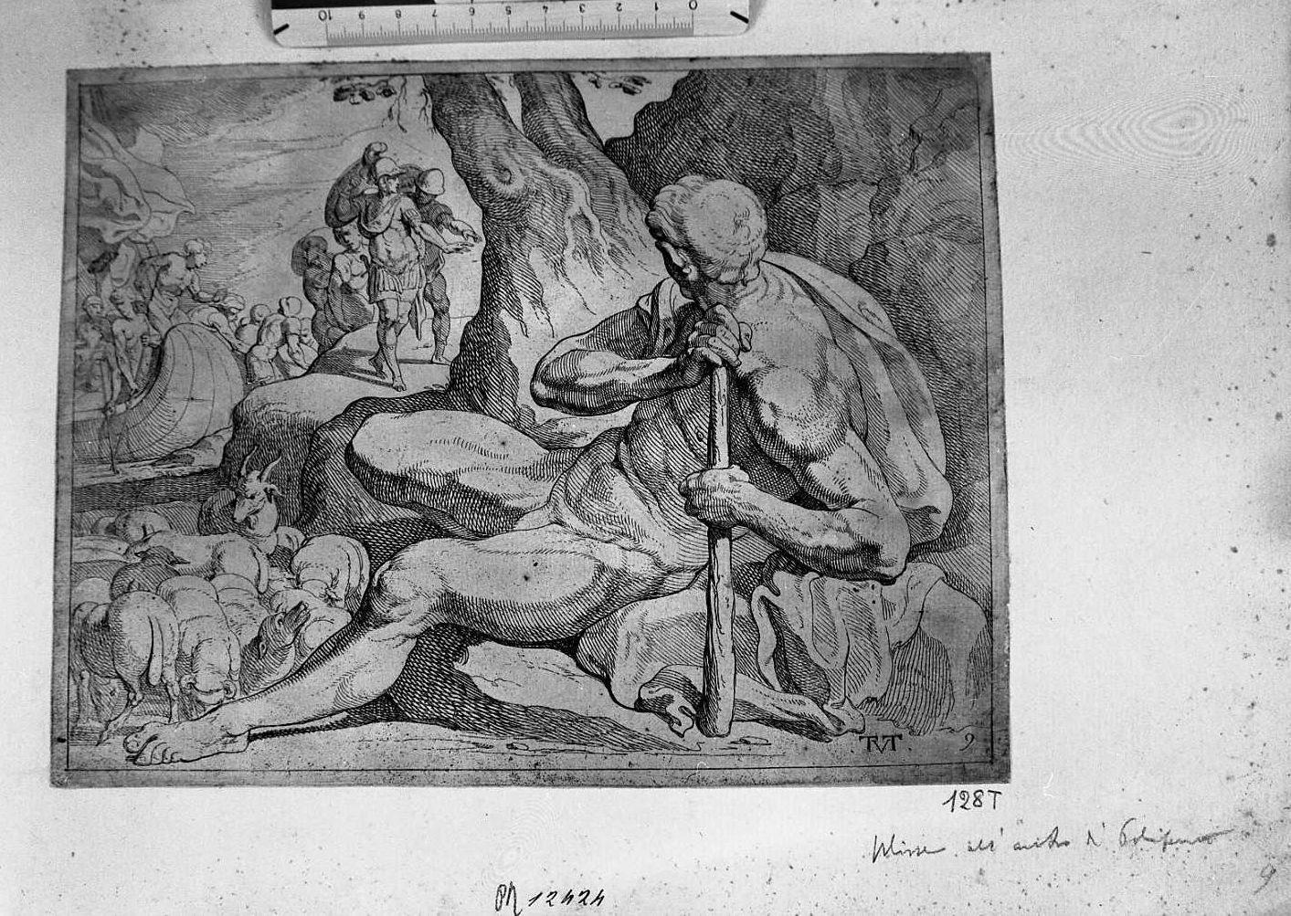 Ulisse nell'antro di Polifemo, Storie di Ulisse (stampa tagliata) di Van Thulden Theodoor (sec. XVII)