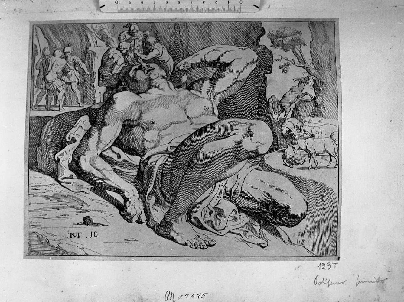 Polifemo punito, Ulisse acceca Polifemo (stampa tagliata) di Van Thulden Theodoor (sec. XVII)