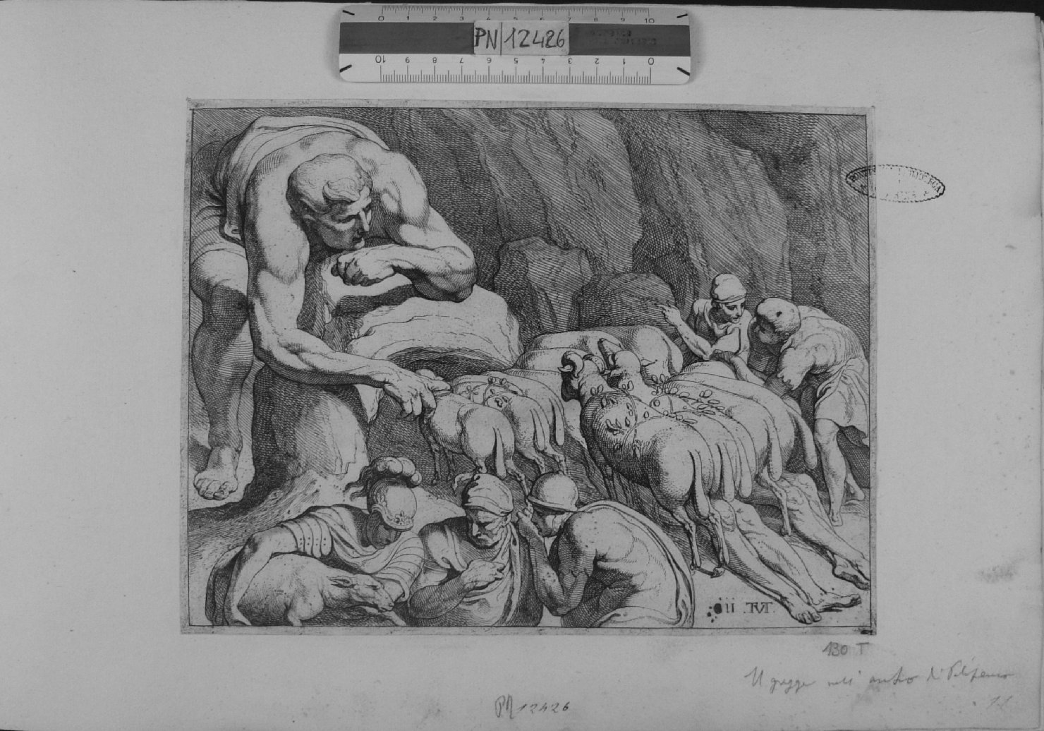 Il gregge nell'antro di Polifemo, Storie di Ulisse (stampa tagliata) di Van Thulden Theodoor (sec. XVII)