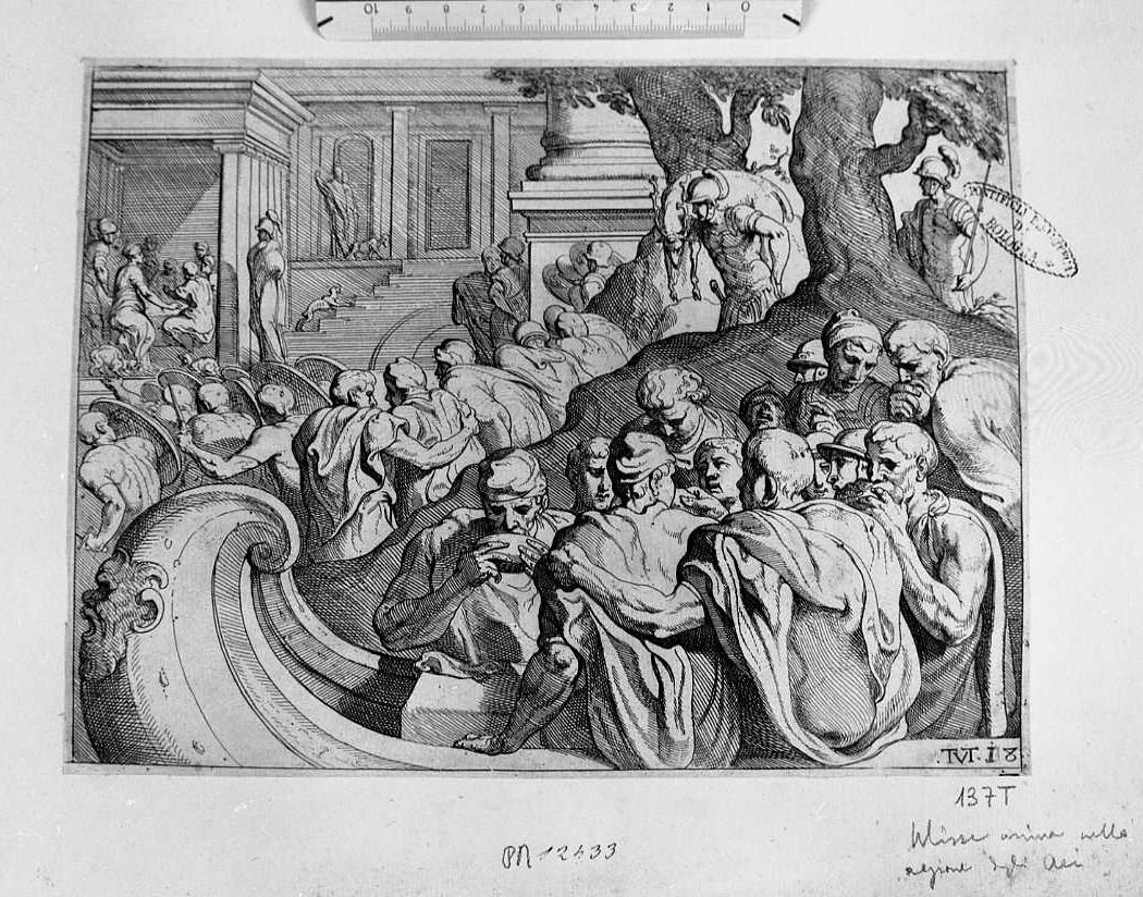 Ulisse arriva nella regione degli Dei, Storie di Ulisse (stampa tagliata) di Van Thulden Theodoor (sec. XVII)