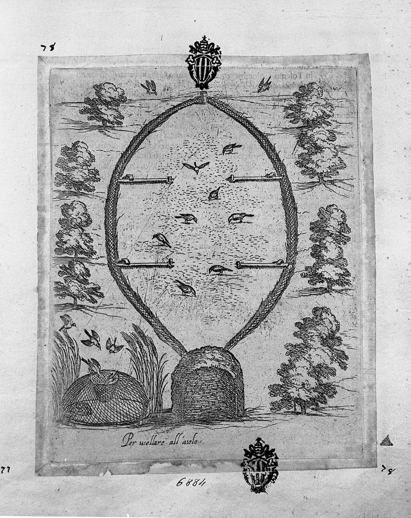 Trappola per uccellini, caccia (stampa smarginata) di Tempesta Antonio (attribuito) (secc. XVI/ XVII)