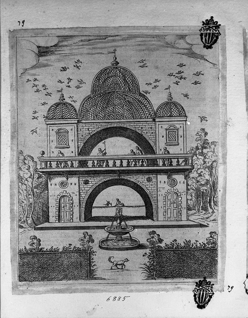 Costruzione terminante in cupole con decorazioni intrecciate, caccia (stampa smarginata) di Tempesta Antonio (attribuito) (secc. XVI/ XVII)