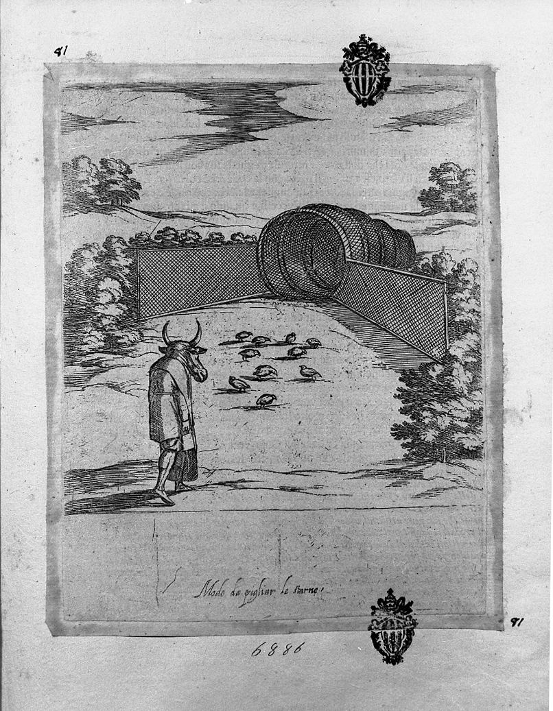 Sistema per catturare le starne, caccia (stampa smarginata) di Tempesta Antonio (attribuito) (secc. XVI/ XVII)
