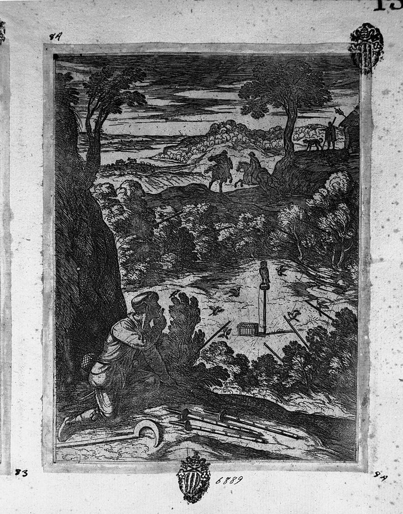 Caccia agli uccelli con richiamo, caccia (stampa smarginata) di Tempesta Antonio (attribuito) (secc. XVI/ XVII)