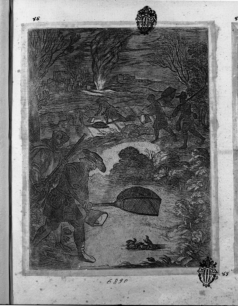 Caccia notturna con reti, caccia (stampa smarginata) di Tempesta Antonio (attribuito) (secc. XVI/ XVII)