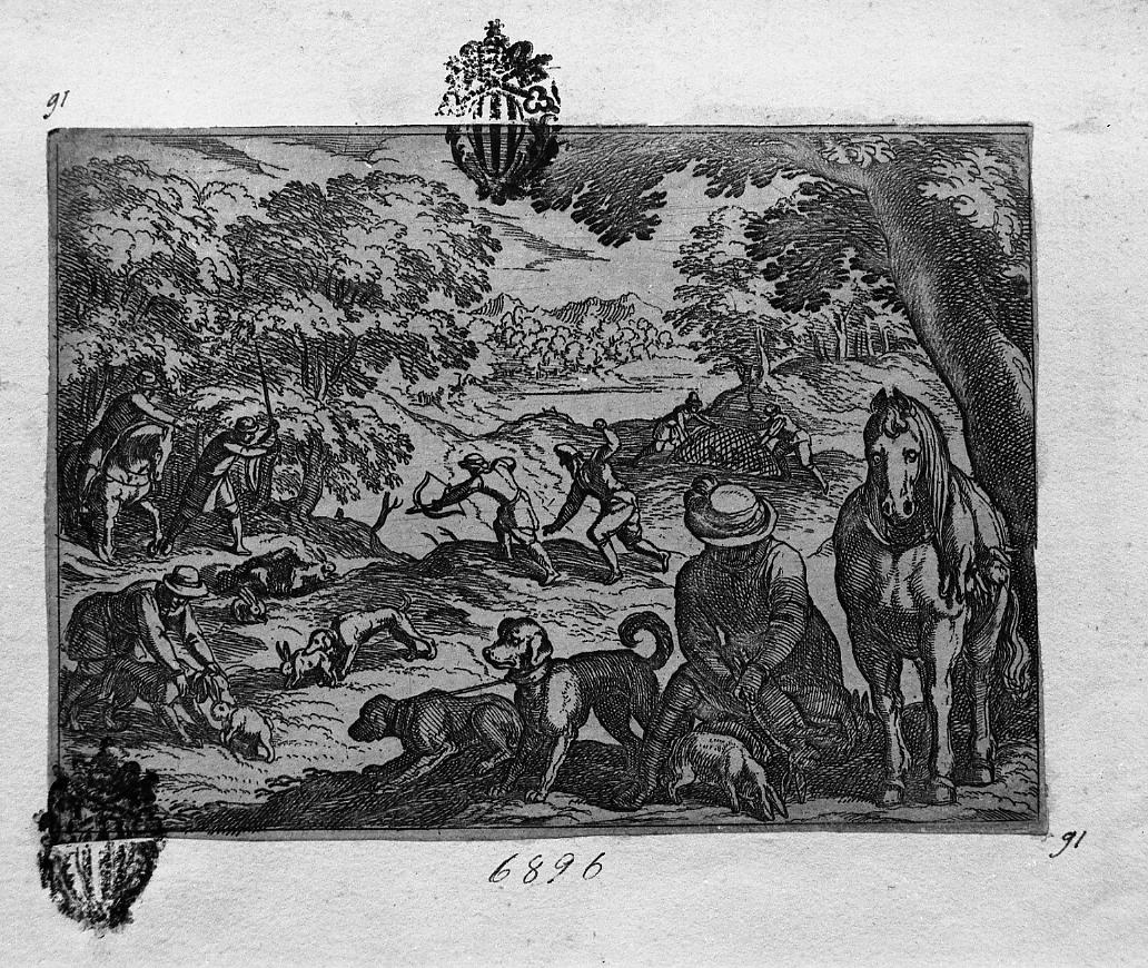 Caccia alla lepre: i cani riportano le prede, caccia (stampa tagliata) di Tempesta Antonio (secc. XVI/ XVII)