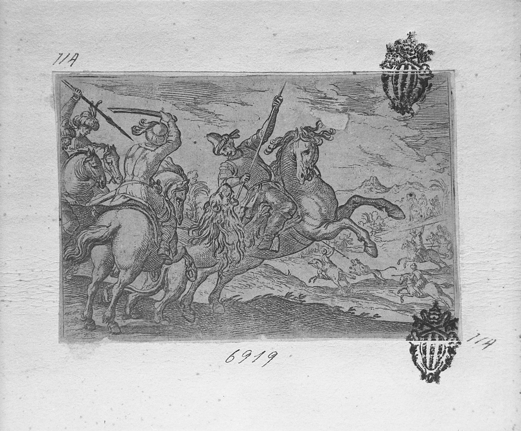 Caccia al leone, caccia (stampa smarginata) di Tempesta Antonio (secc. XVI/ XVII)