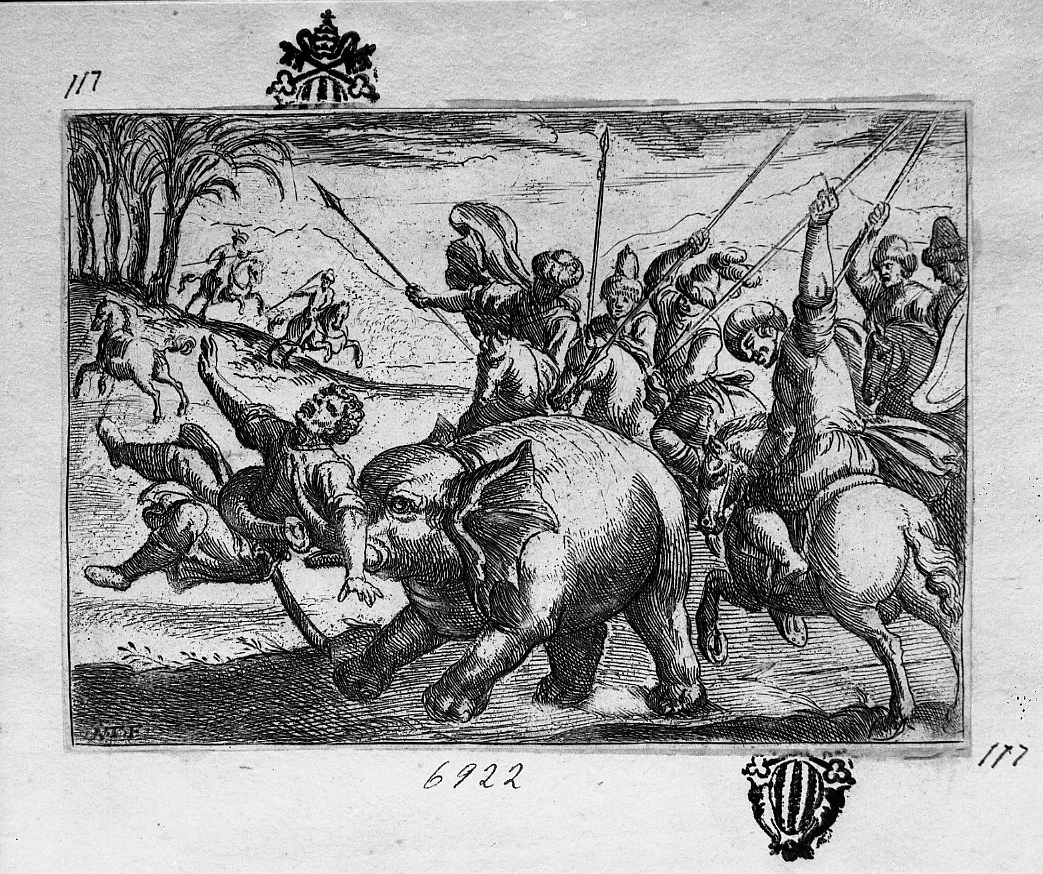 Caccia all'elefante, caccia (stampa smarginata) di Tempesta Antonio (secc. XVI/ XVII)