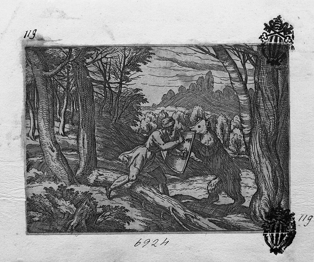 Cacciatore con scudo che batte con un orso, caccia (stampa smarginata) di Tempesta Antonio (secc. XVI/ XVII)