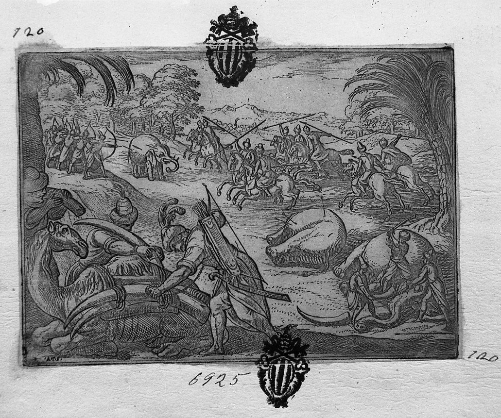 Caccia all'elefante, caccia (stampa smarginata) di Tempesta Antonio (secc. XVI/ XVII)