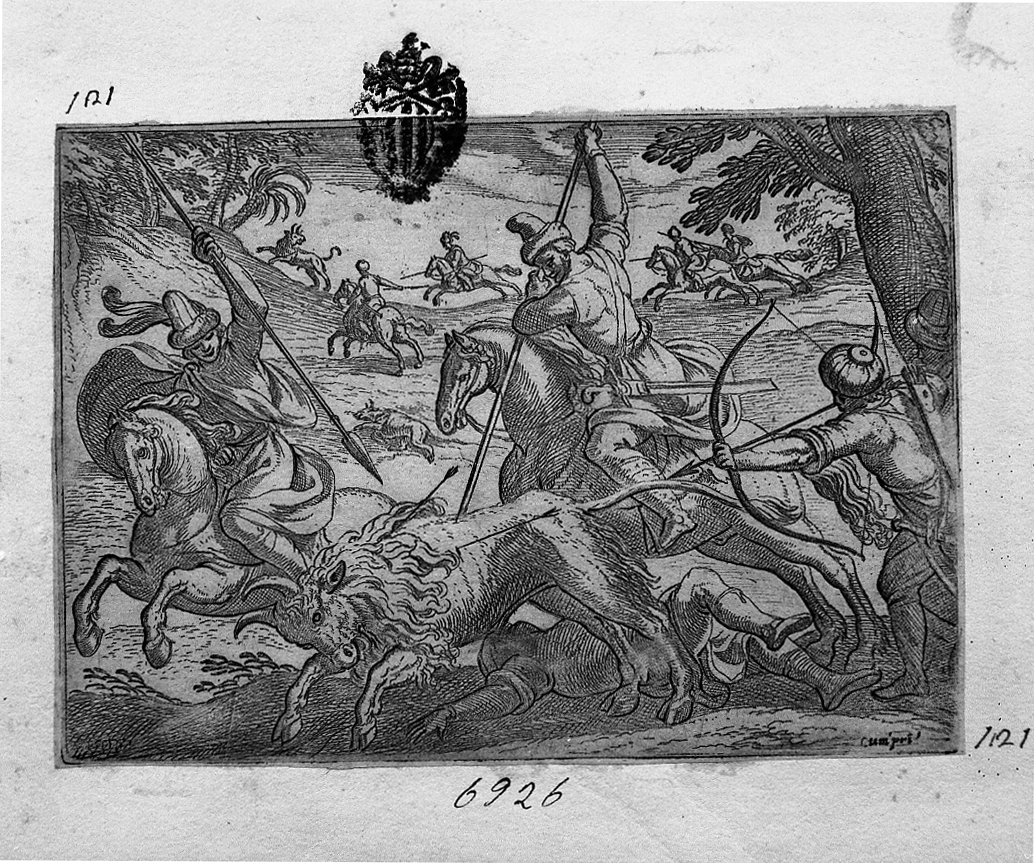 Caccia al bufalo, caccia (stampa smarginata) di Tempesta Antonio (secc. XVI/ XVII)