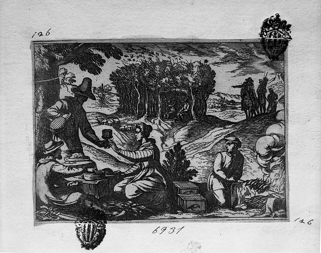 Partecipanti alla caccia che mangiano all'aperto, caccia (stampa smarginata) di Tempesta Antonio (secc. XVI/ XVII)