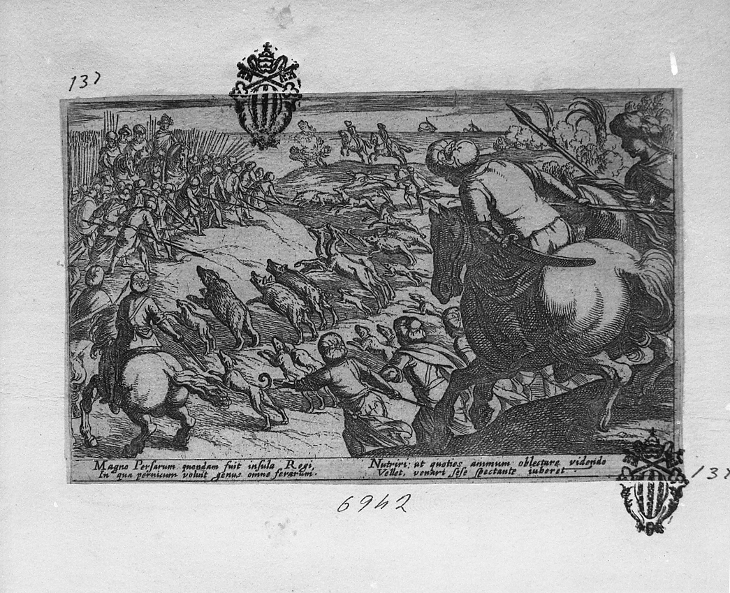 Re persiano assiste alla caccia di vari animali, caccia (stampa smarginata) di Tempesta Antonio (secc. XVI/ XVII)