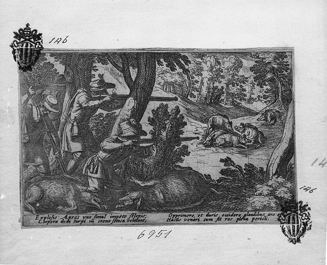 Caccia al cinghiale, caccia (stampa smarginata) di Tempesta Antonio (secc. XVI/ XVII)