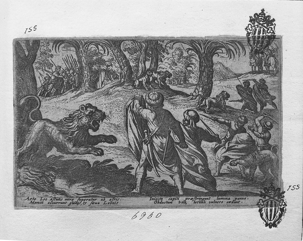 Caccia al leone coi martelli, caccia (stampa smarginata) di Tempesta Antonio (secc. XVI/ XVII)