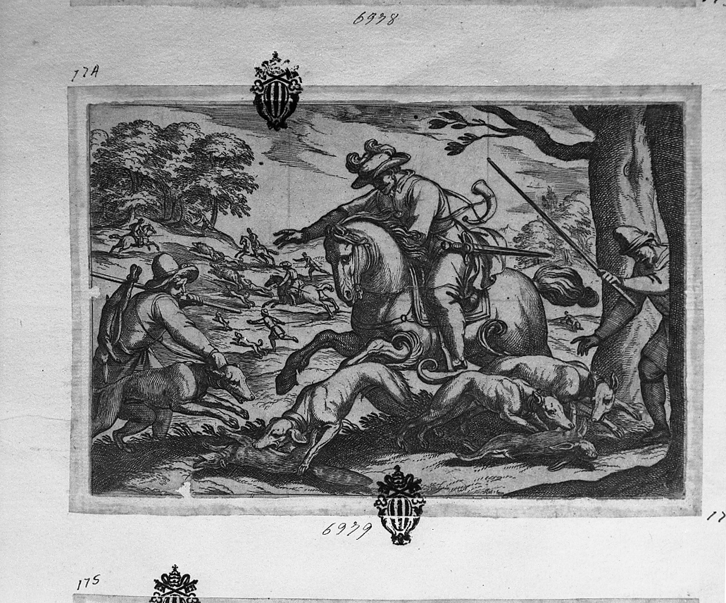 Caccia alla volpe, alla lepre, al cinghiale, caccia (stampa smarginata) di Tempesta Antonio (secc. XVI/ XVII)