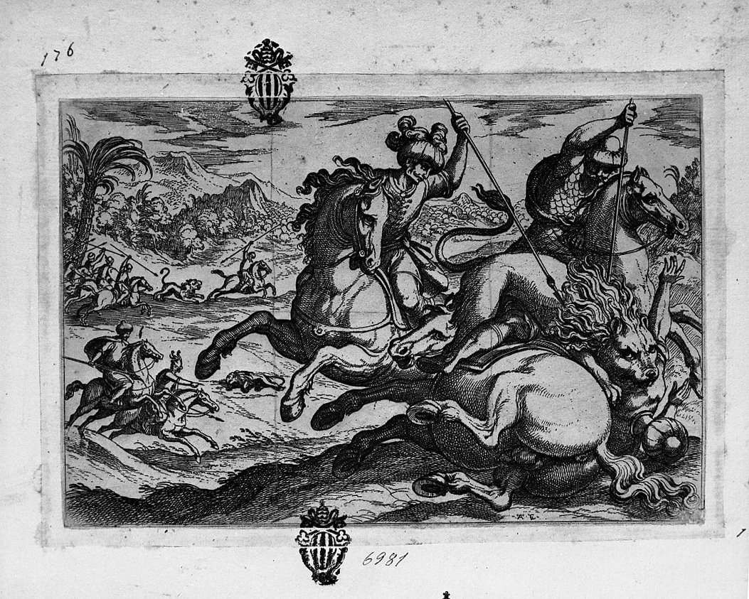 Caccia al leone, caccia (stampa smarginata) di Tempesta Antonio (secc. XVI/ XVII)