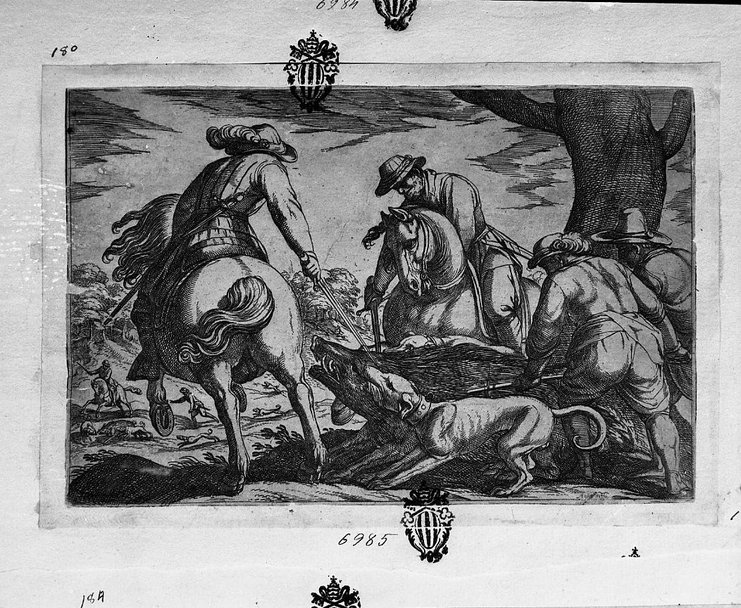 Caccia al cinghiale, caccia (stampa smarginata) di Tempesta Antonio (secc. XVI/ XVII)