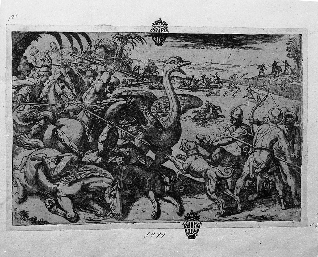 Caccia allo struzzo, caccia (stampa tagliata) di Tempesta Antonio (secc. XVI/ XVII)