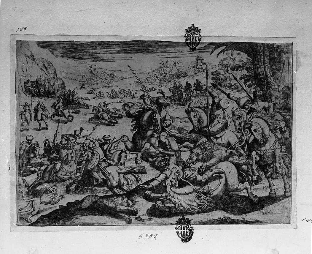Caccia al leone, caccia (stampa tagliata) di Tempesta Antonio (secc. XVI/ XVII)