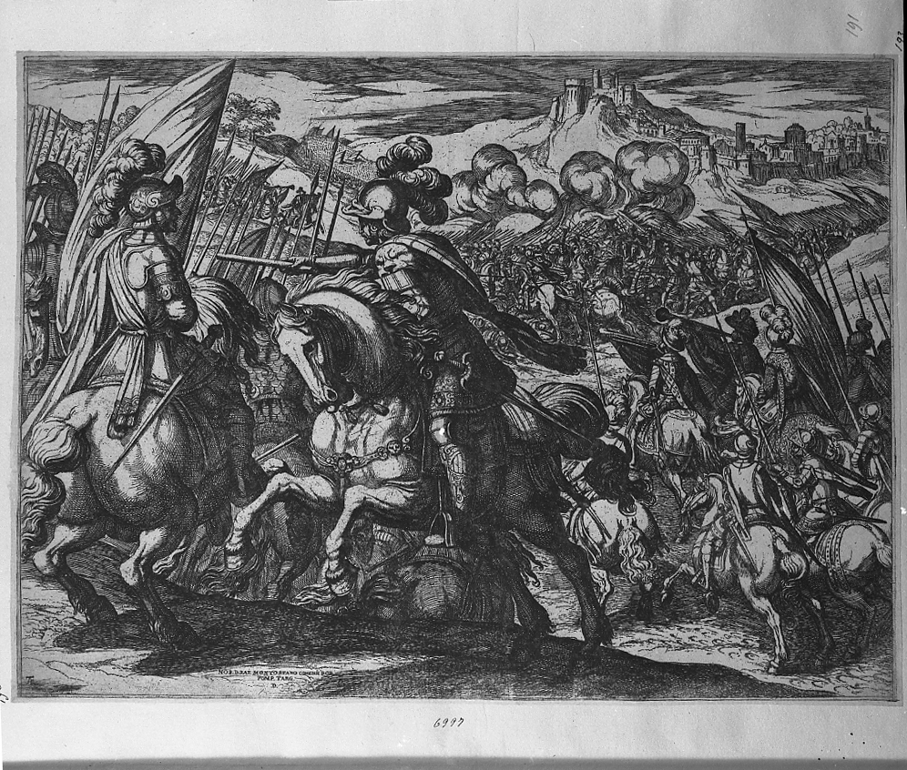 Grande battaglia ai piedi di una città fortificata, battaglia (stampa tagliata) di Tempesta Antonio (secc. XVI/ XVII)