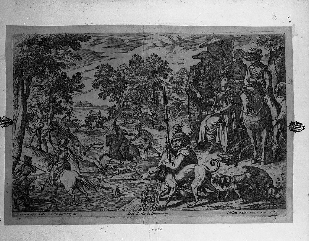 Nobildonna che assiste alla caccia, caccia (stampa smarginata) di Tempesta Antonio (secc. XVI/ XVII)