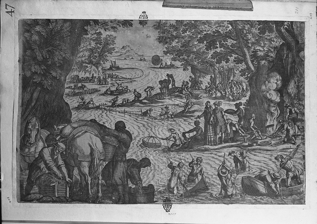 Scena di pesca, pescatore (stampa smarginata) di Tempesta Antonio (secc. XVI/ XVII)