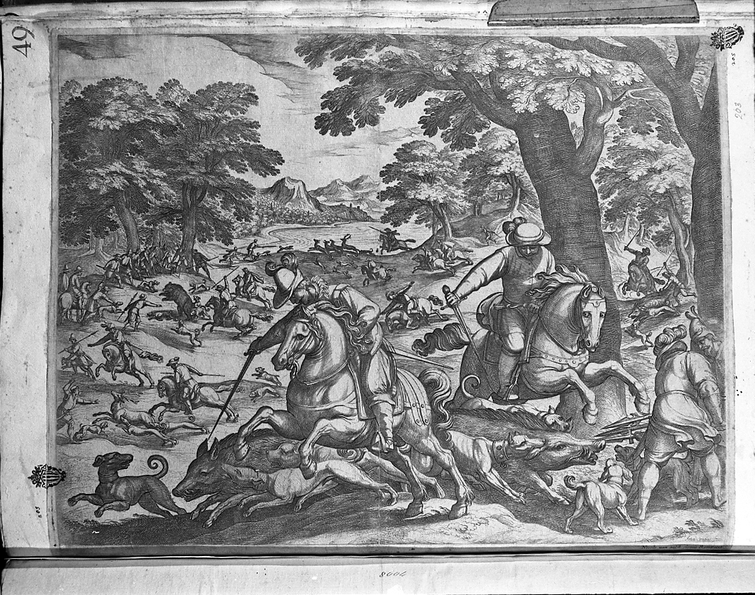 Caccia al cinghiale, caccia (stampa smarginata) di Tempesta Antonio (sec. XVI)
