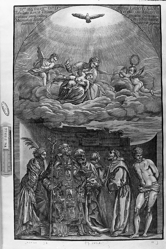 Madonna in gloria con il Bambino e sei santi, Madonna con Bambino e Santi (stampa a colori) di Jackson John Baptist (sec. XVIII)