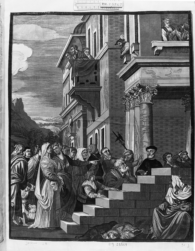 Presentazione di Maria al tempio, presentazione di Maria Vergine al tempio (stampa a colori) di Jackson John Baptist (sec. XVIII)