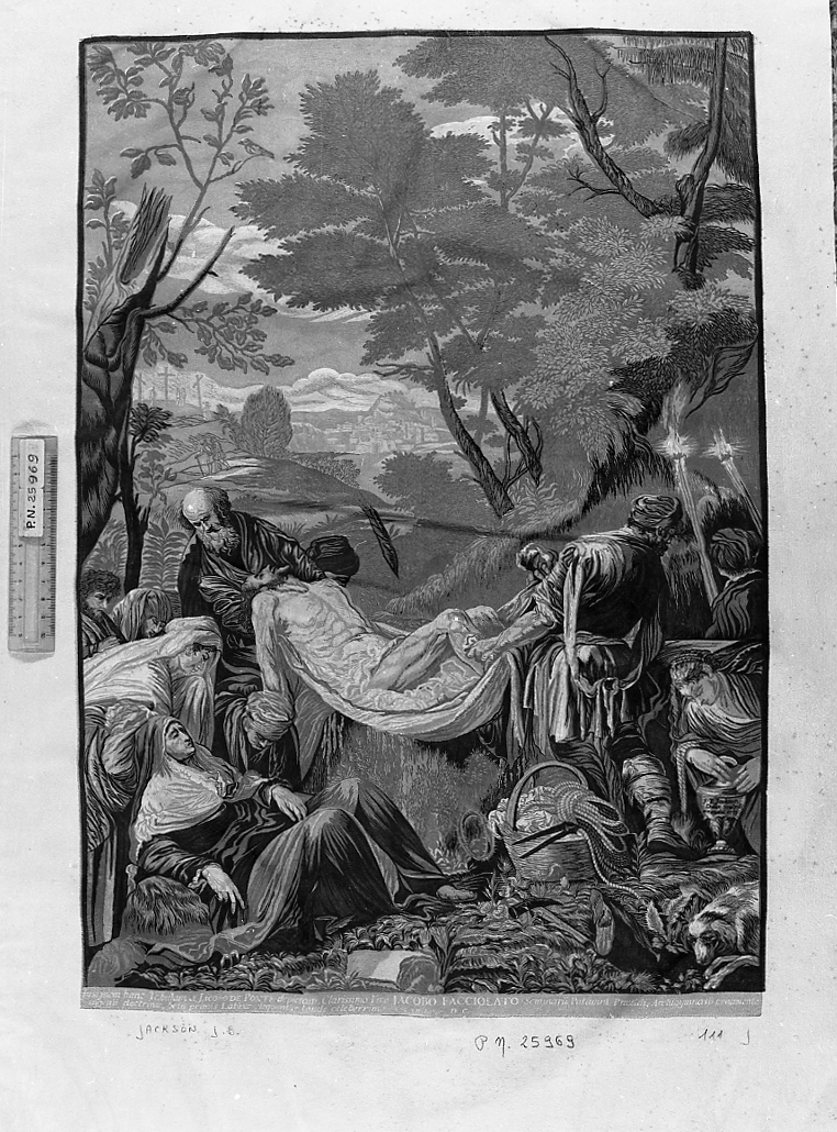 Cristo deposto, deposizione di Cristo nel sepolcro (stampa a colori) di Jackson John Baptist (sec. XVIII)