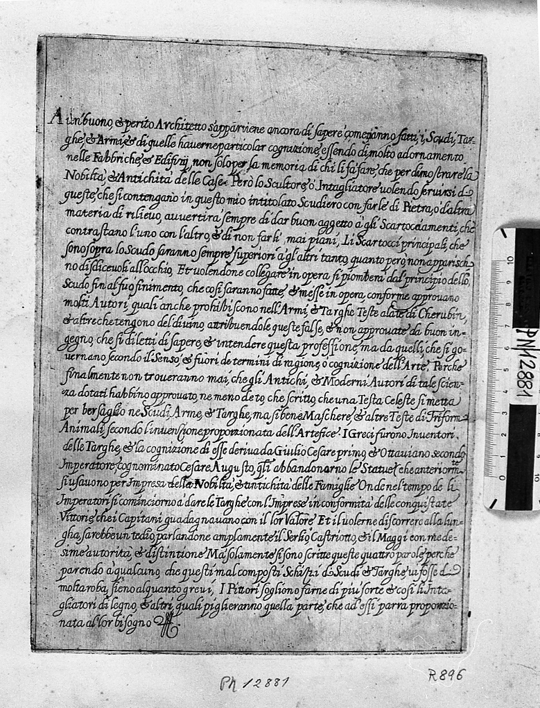 Dedica: "SCVDIERO DI VARII DISEGNI D ARME E TARGHE Fatto a benefitio publico per li SCVLTORI PITTORI R INTAGL.ri Inventate DAL CAV.RE BERNARD.NO RADI IN FIORENZA l'ANNO MDCXXXVI", libri (stampa smarginata) di Radi Bernardino (sec. XVII)