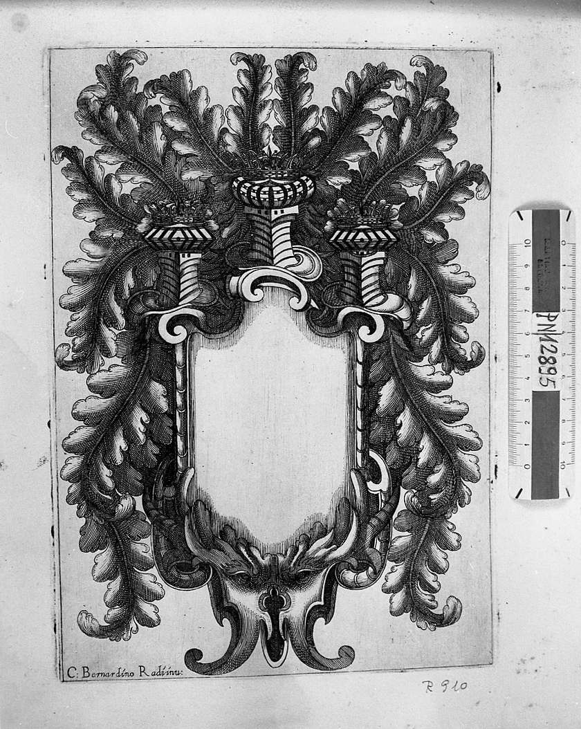 Scudetto per stemma ornato con fogliame, stemma (stampa smarginata) di Radi Bernardino (sec. XVII)