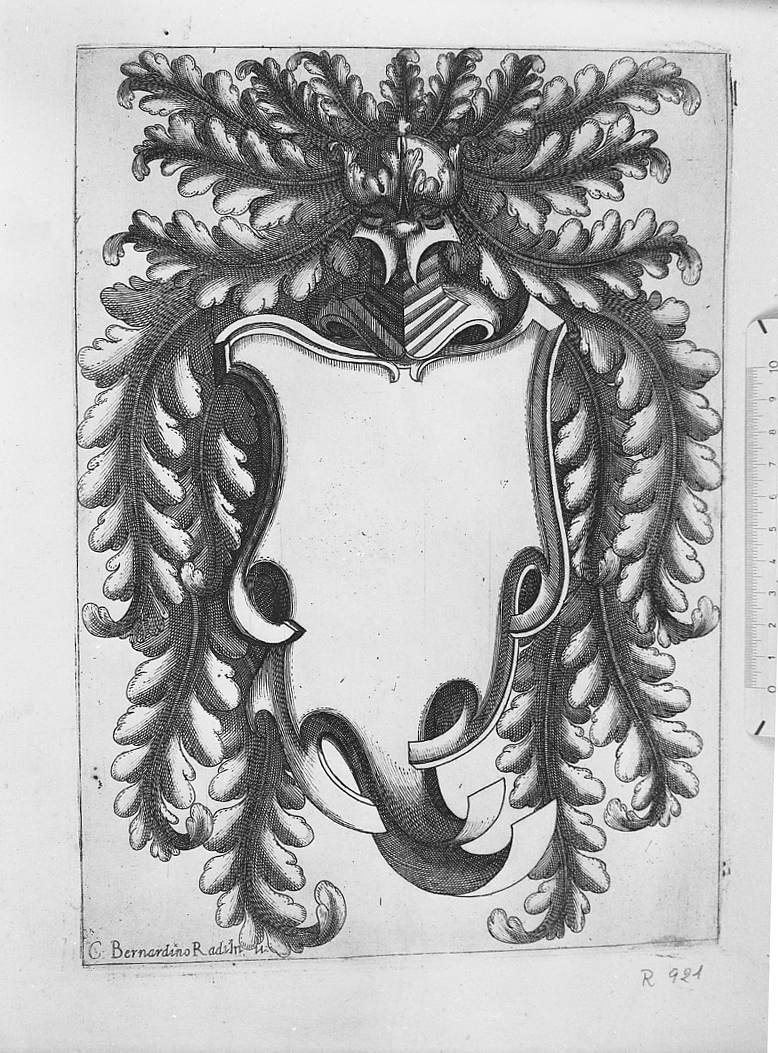 Scudetto per stemma ornato a fogliame con elmo, stemma (stampa smarginata) di Radi Bernardino (sec. XVII)