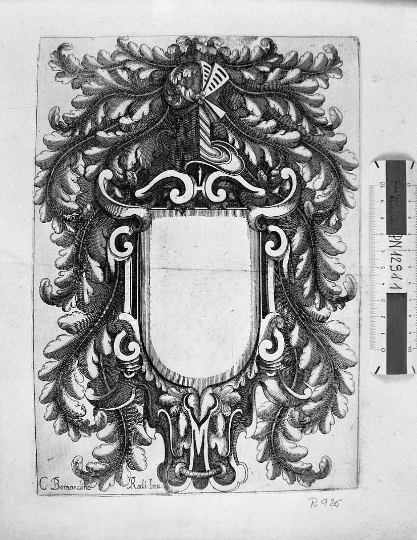 Scudetto per stemma ornato a fogliame con due elmi, stemma (stampa smarginata) di Radi Bernardino (sec. XVII)