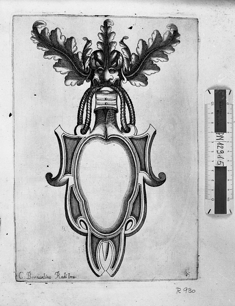 Targa ovale con testa grottesca e tre foglie, stemma (stampa smarginata) di Radi Bernardino (sec. XVII)