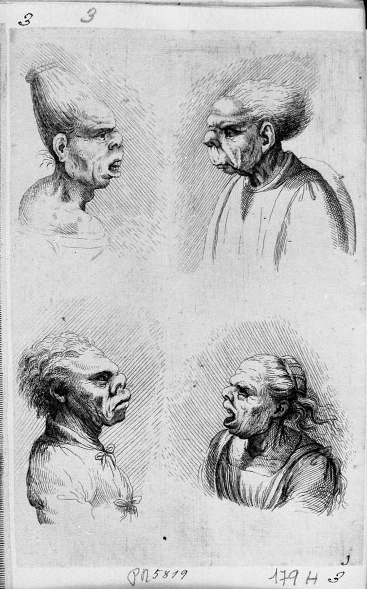 Caricature di tre uomini e una donna, caricature (stampa tagliata) di Hollar Wenzel (attribuito) (sec. XVII)