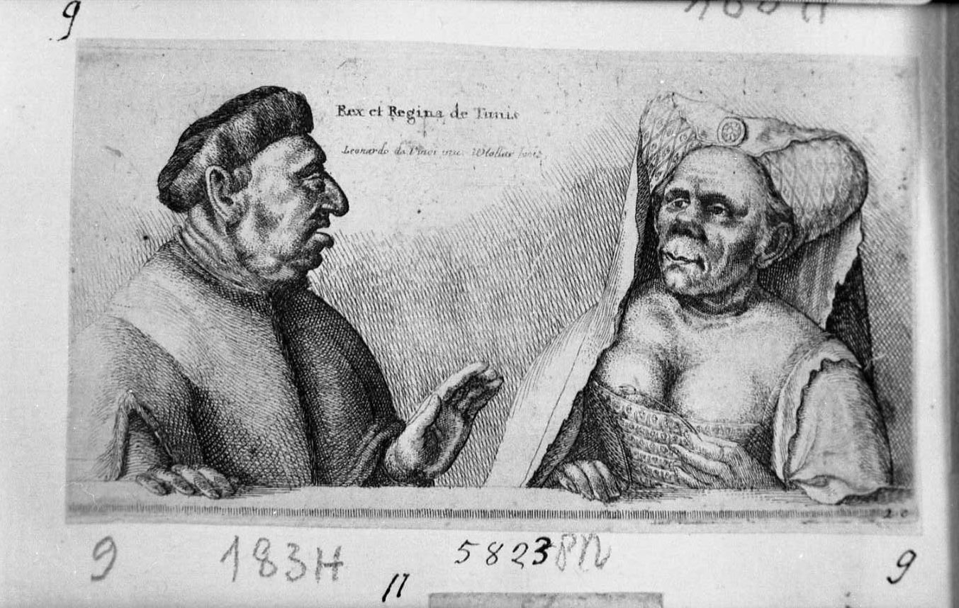 Caricatura di un gentiluomo e gentildonna (re e regina di Tunis), caricature (stampa tagliata) di Hollar Wenzel (attribuito) (sec. XVII)