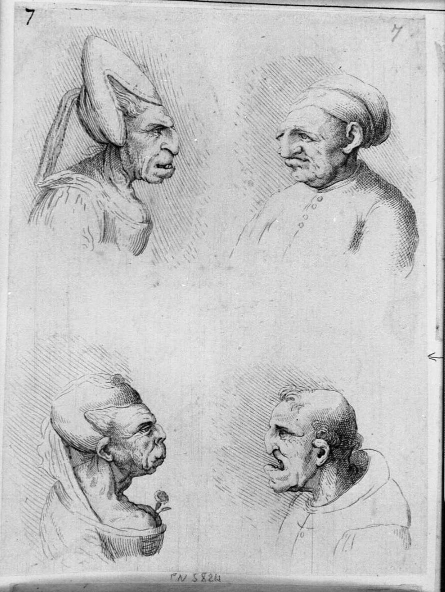 Caricatura di due vecchie e due vecchi, caricature (stampa tagliata) di Hollar Wenzel (attribuito) (sec. XVII)