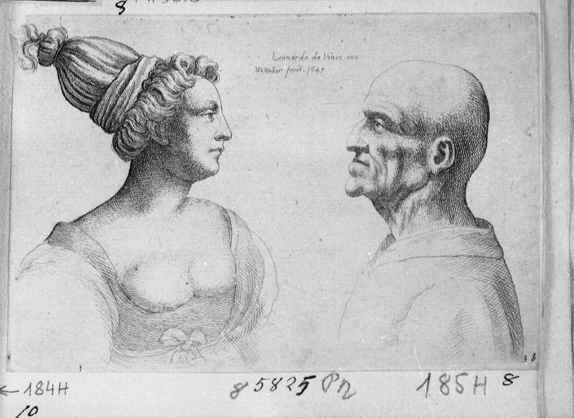 Vecchio e donna con turbante, caricature (stampa tagliata) di Hollar Wenzel (attribuito) (sec. XVII)