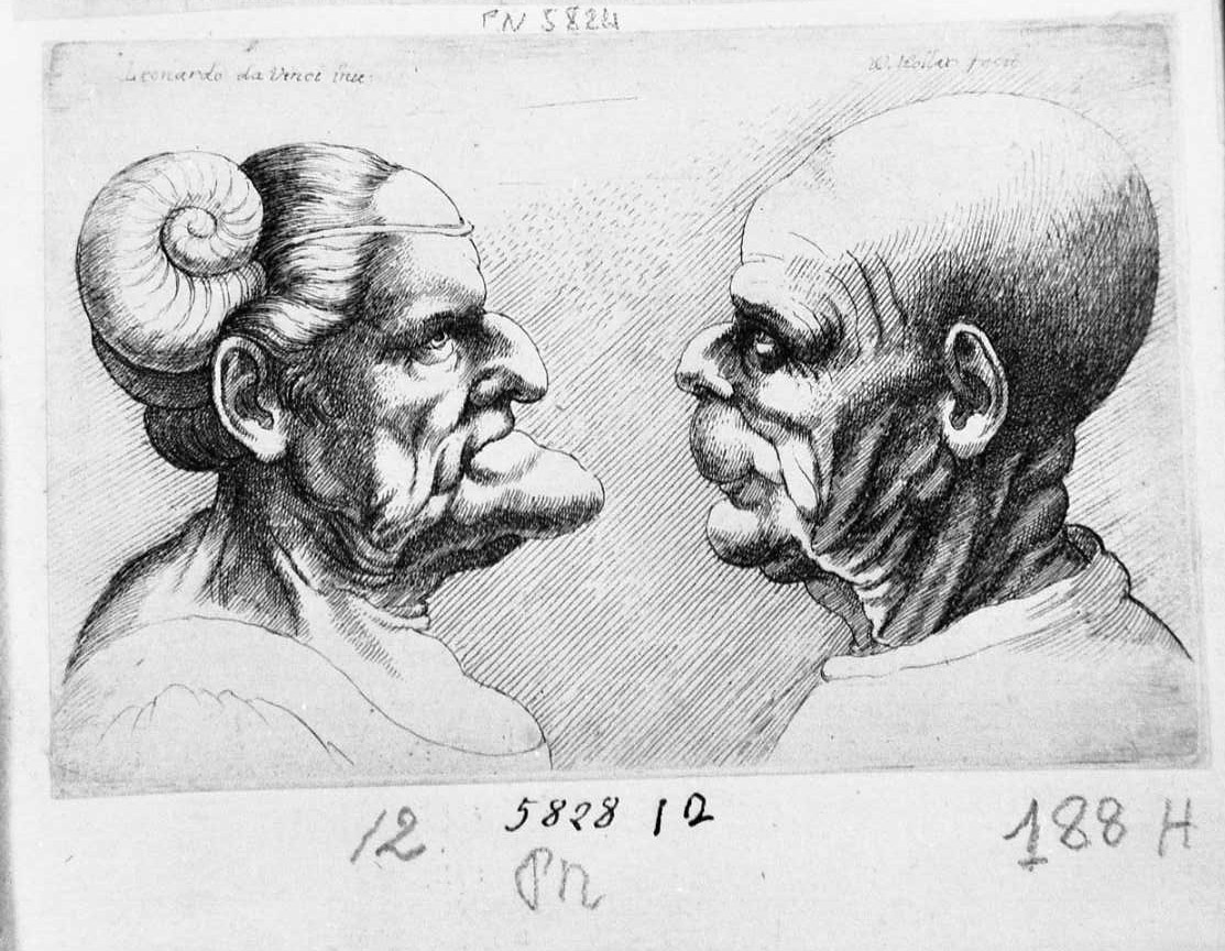 Caricatura di un vecchio e di una vecchia, caricature (stampa tagliata) di Hollar Wenzel (attribuito) (sec. XVII)