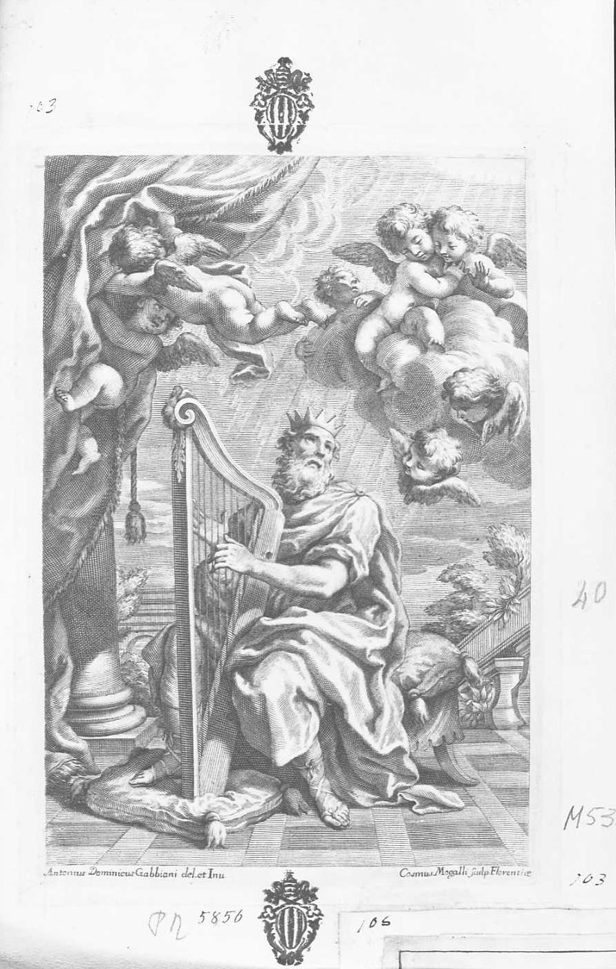 Davide che suona l'arpa, Figure (stampa tagliata) di Mogalli Cosimo (secc. XVII/ XVIII)