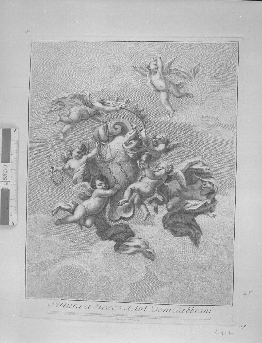 Stemma cavalleresco tra angioletti, stemmi (stampa) di Lorenzi Lorenzo (sec. XVIII)