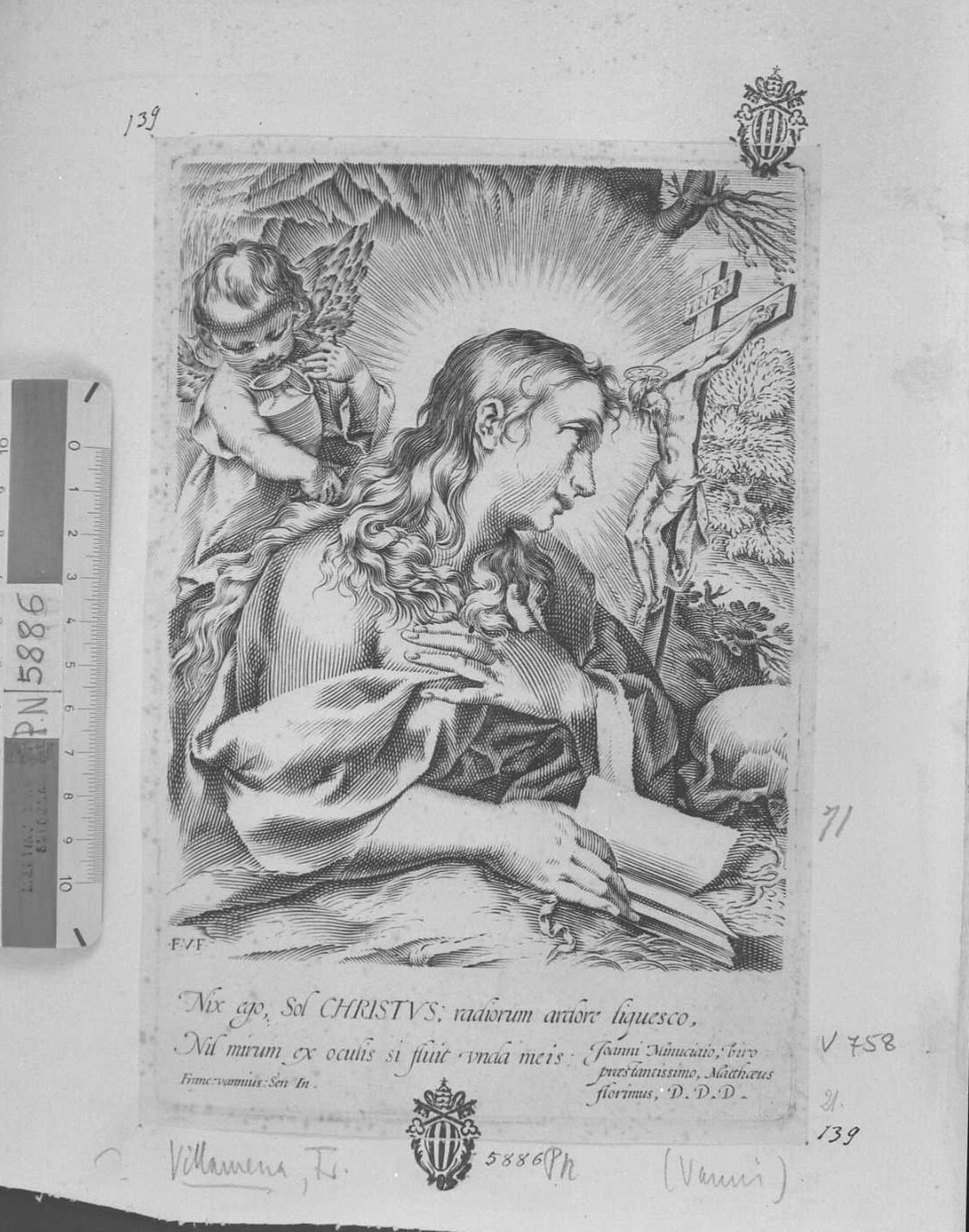La Maddalena prega davanti al Crocifisso, Maddalena (stampa tagliata) di Villamena Francesco (secc. XVI/ XVII)