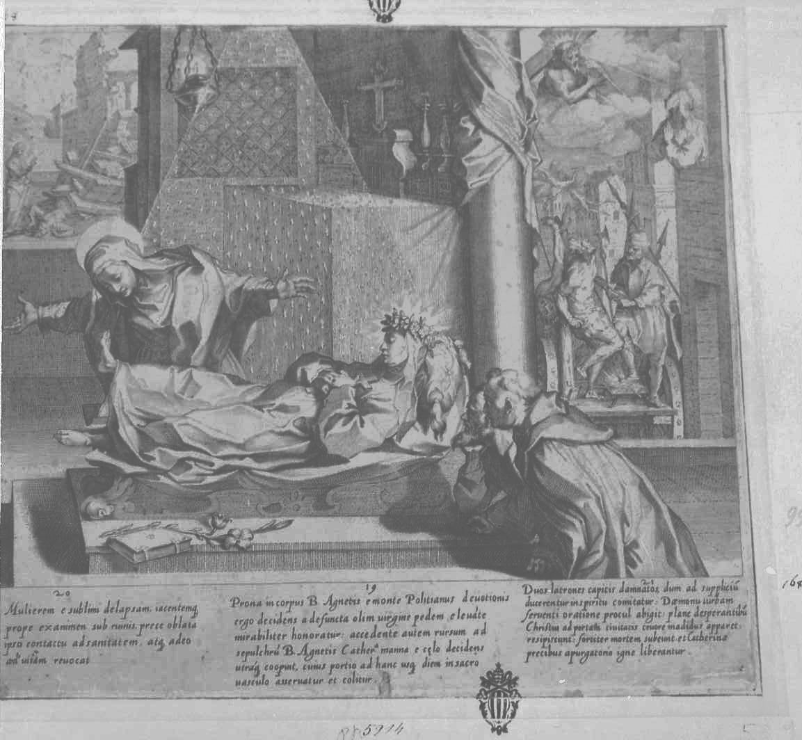 Vita e miracoli di Santa Caterina: la Santa resuscita una donna, Santi (stampa tagliata) di De Jode Peeter (secc. XVI/ XVII)