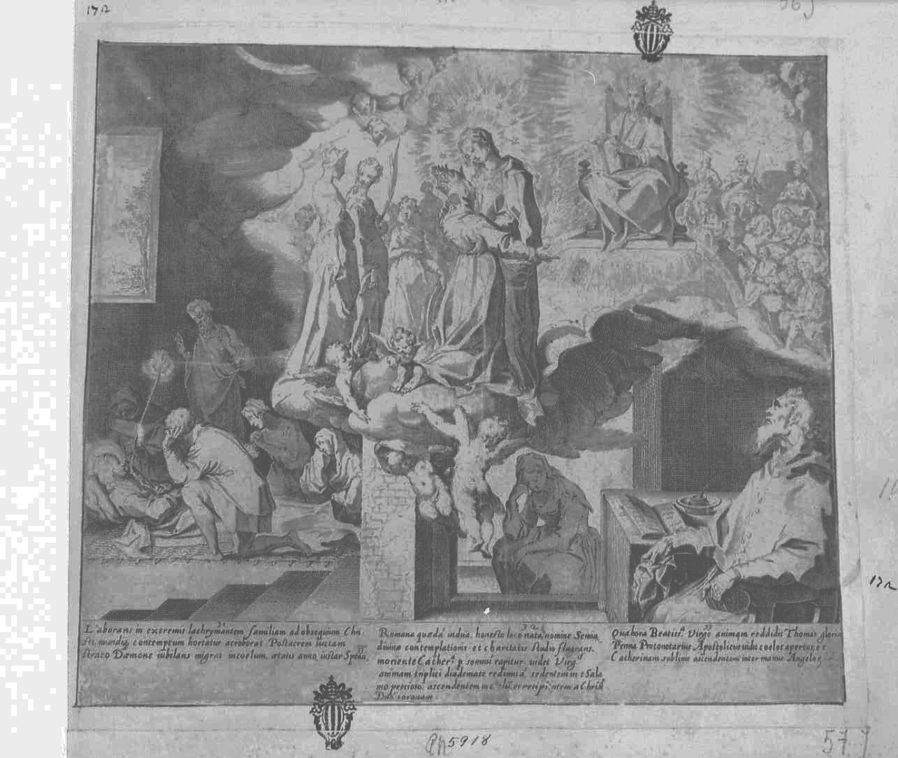 Vita e miracoli di Santa Caterina: la Santa incoronata dalla Vergine, Santi (stampa tagliata) di De Jode Peeter (secc. XVI/ XVII)