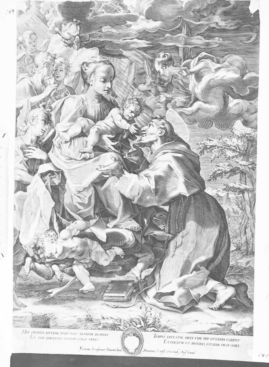 San Francesco riceve il Bambino dalla Vergine, Santi (stampa tagliata) di Custos Dominicus (secc. XVI/ XVII)